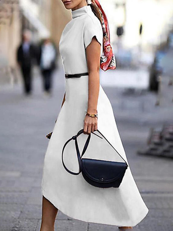 Olivia Bennet | A-Line Loose Asymmetric Solid Color Mock Neck Midi Dresses