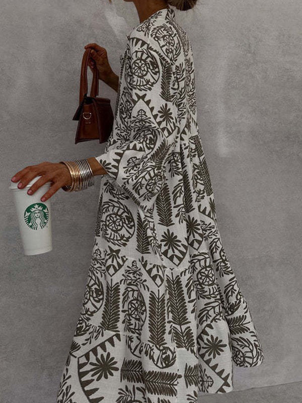 Olivia Bennet | Loose Three-Quarter Sleeves Falbala Printed V-Neck Midi Dresses