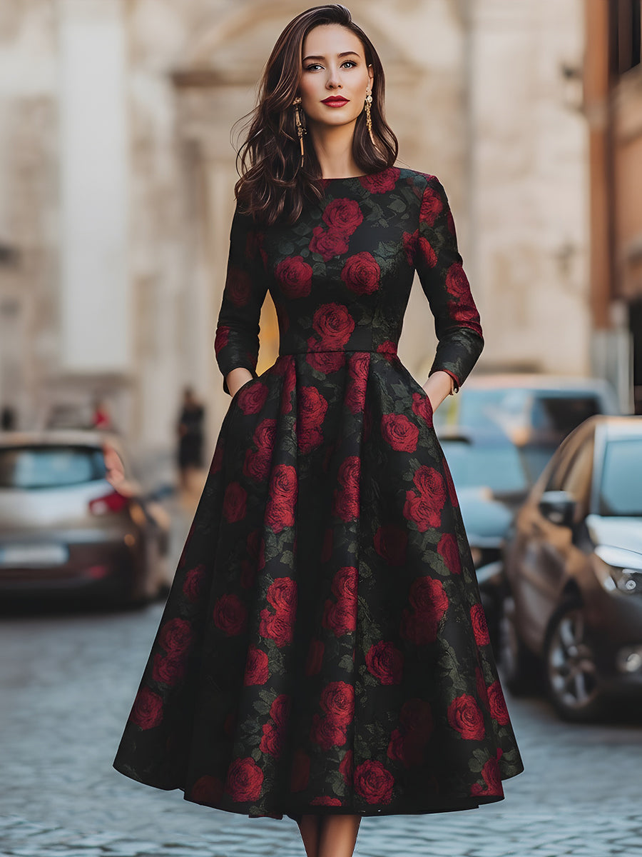 Olivia Bennet | Elegant Jacquard Rose Print Midi Dress