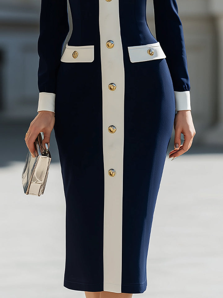 Olivia Bennet | Elegant Navy & White Contrast Button-Up Midi Dress