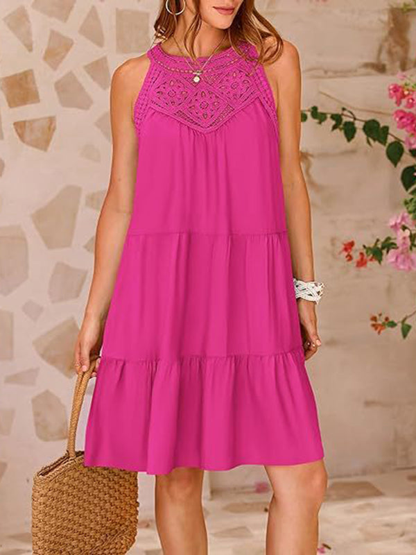 Olivia Bennet | A-Line Loose Hollow Pleated Solid Color Split-Joint Round-Neck Mini Dresses