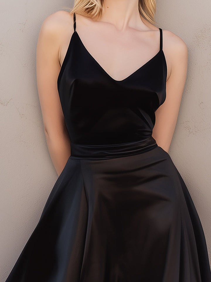 Olivia Bennet | Champagne Ruffled Hem Spaghetti-Strap Satin Midi Dress