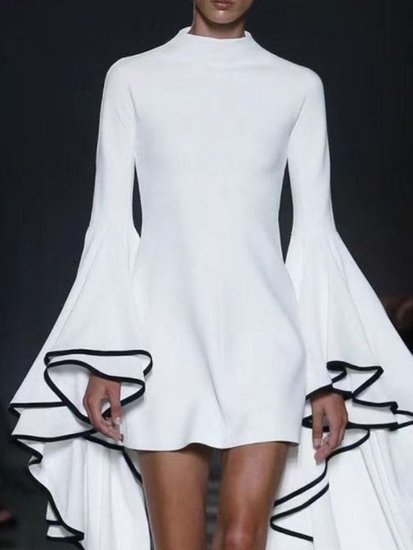 Olivia Bennet | Flared Sleeves Long Sleeves Solid Color Stand Collar Mini Dresses