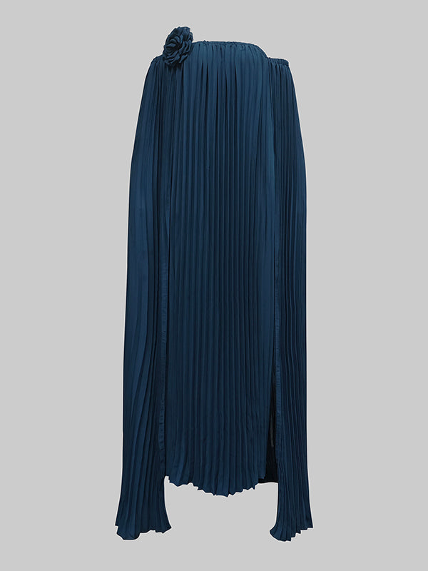 Olivia Bennet | Loose Gauze Pleated Solid Color Tiered Off-The-Shoulder Evening Dresses Maxi Dresses