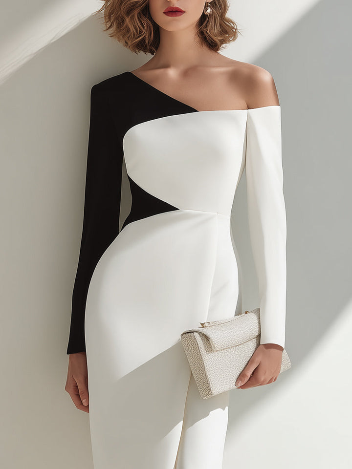 Olivia Bennet | Black and White Asymmetrical One-Shoulder Midi Dress