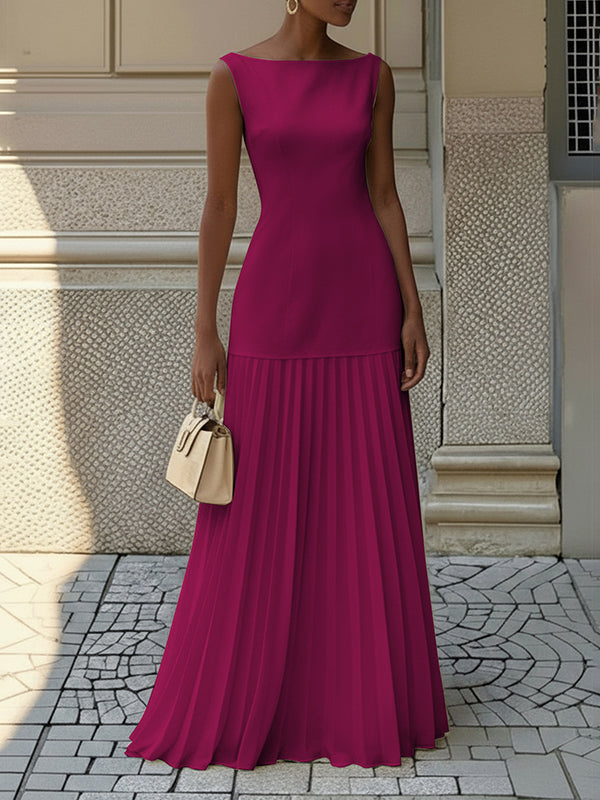 Olivia Bennet | Sleeveless Gauze Pleated Solid Color Split-Joint Boat Neck Evening Dresses Maxi Dresses