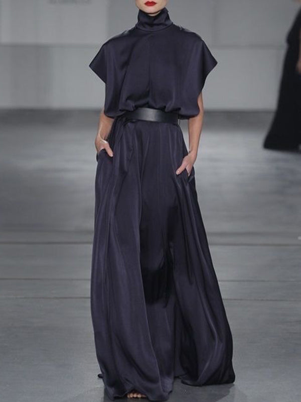 Olivia Bennet | Loose Raglan Sleeve Solid Color Split-Joint Tied Waist High Neck Maxi Dresses