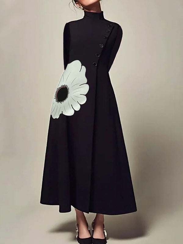 Olivia Bennet | A-Line Long Sleeves Flower Print High Neck Midi Dresses