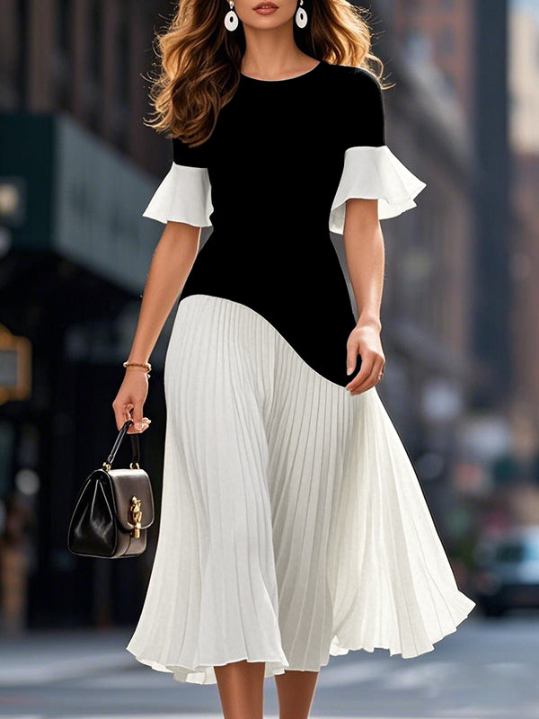 Olivia Bennet | Flared Sleeves Half Sleeves Pleated Split-Joint Round-Neck Midi Dresses