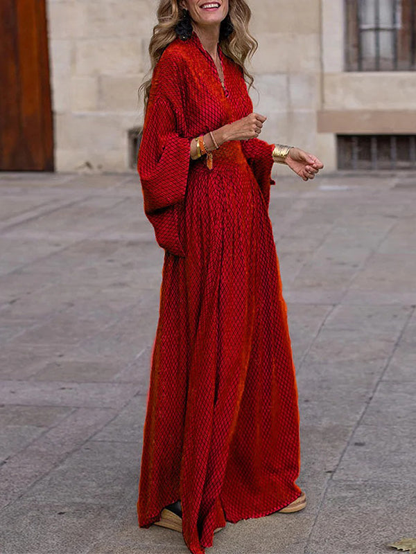 Olivia Bennet | Raglan Sleeve Pleated Split-Joint V-Neck Maxi Dresses