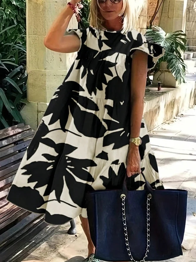 Olivia Bennet | Loose Ruffle Sleeves Flower Print Pleated Round-Neck Midi Dresses