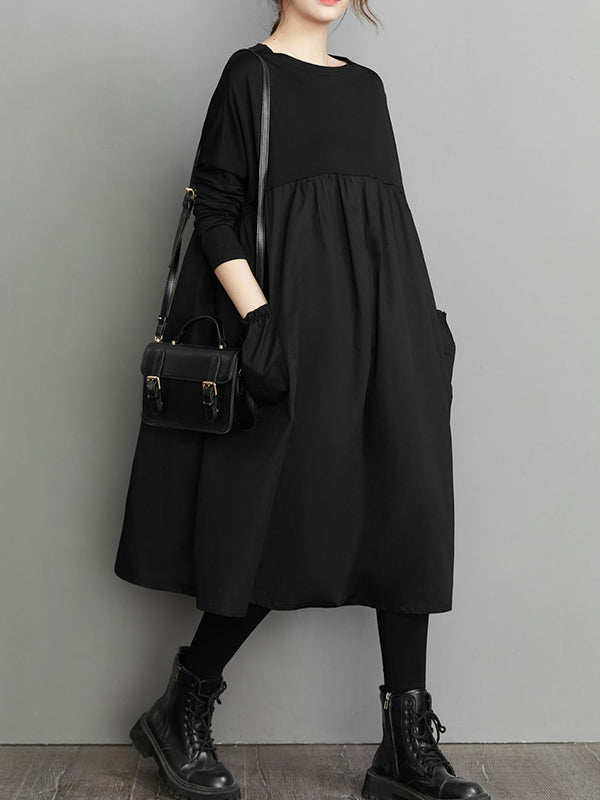 Olivia Bennet | Simple Loose Black Split-Joint Long Sleeves Midi Dress