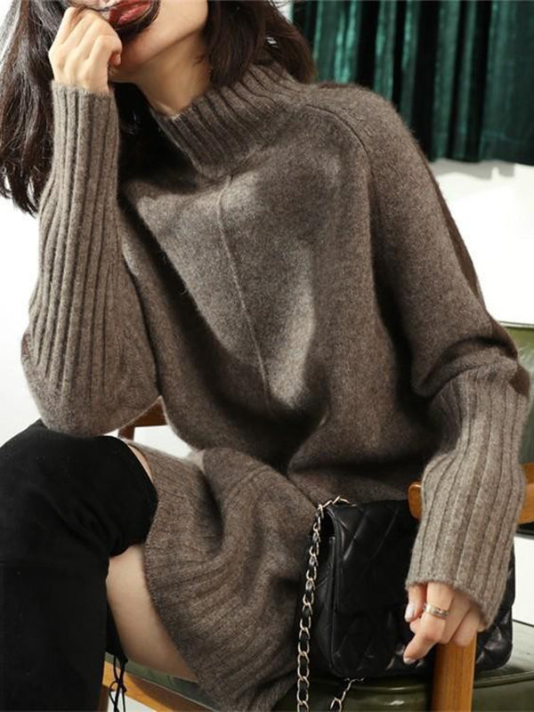 Olivia Bennet | Loose Long Sleeves Contrast Color Half Turtleneck Sweater Dresses