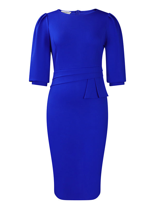 Olivia Bennet | Bodycon Half Sleeves Pleated Solid Color Split-Back Split-Joint Zipper Round-Neck Midi Dresses