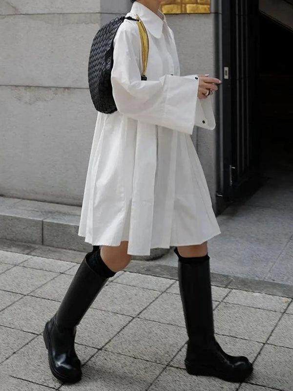Olivia Bennet | Long Sleeves Buttoned Pleated Solid Color Lapel Midi Dresses Shirt Dress