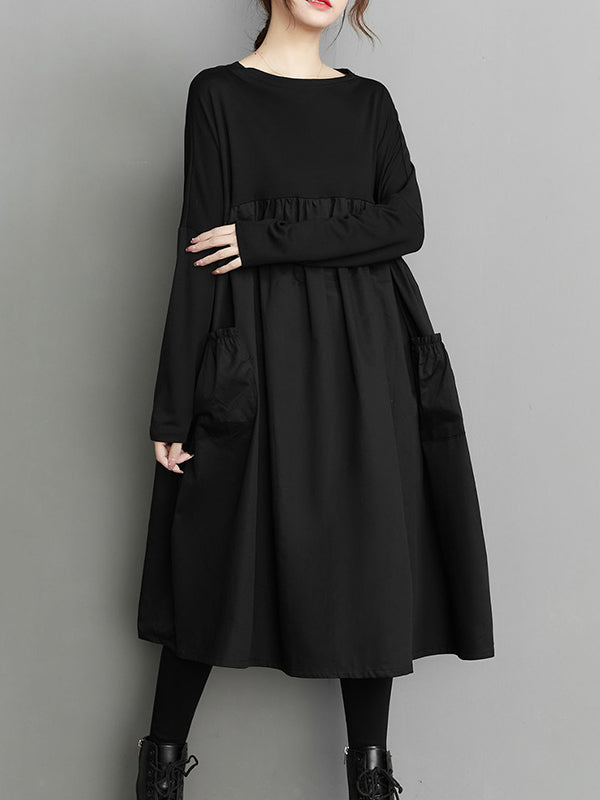 Olivia Bennet | Simple Loose Black Split-Joint Long Sleeves Midi Dress