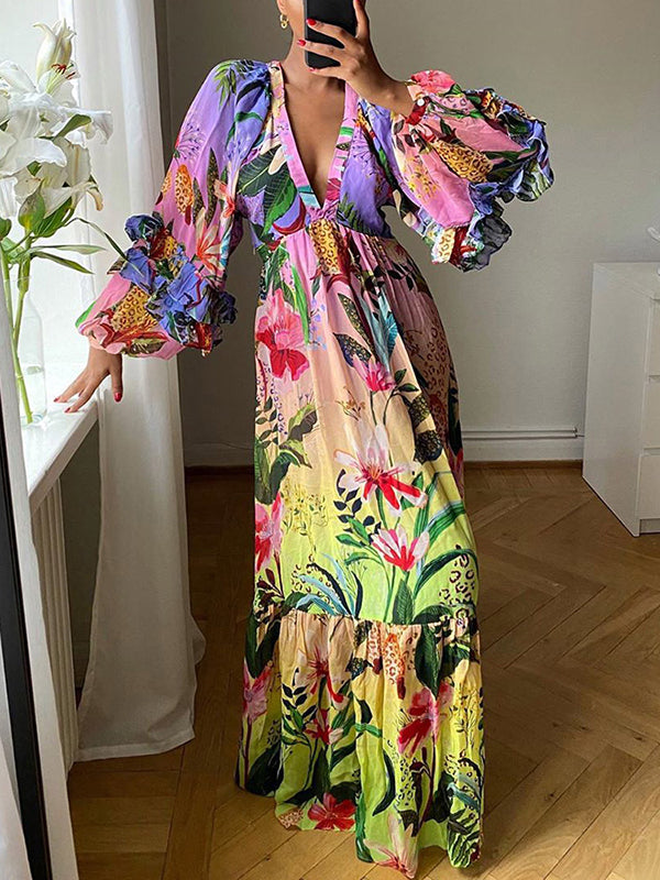 Olivia Bennet | Bishop Sleeve High Waisted Flower Print Pleated Ruffled Split-Joint Deep V-Neck Maxi Dresses