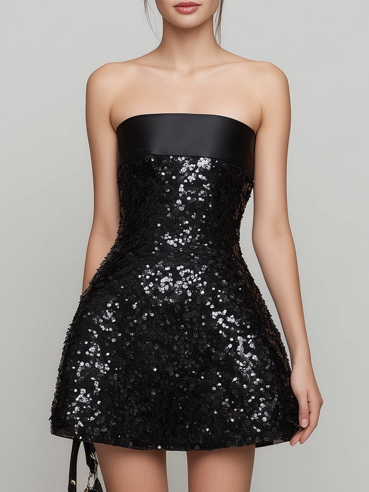 Olivia Bennet | Black Strapless A-Line Satin-Trim Sequined Mini Dress