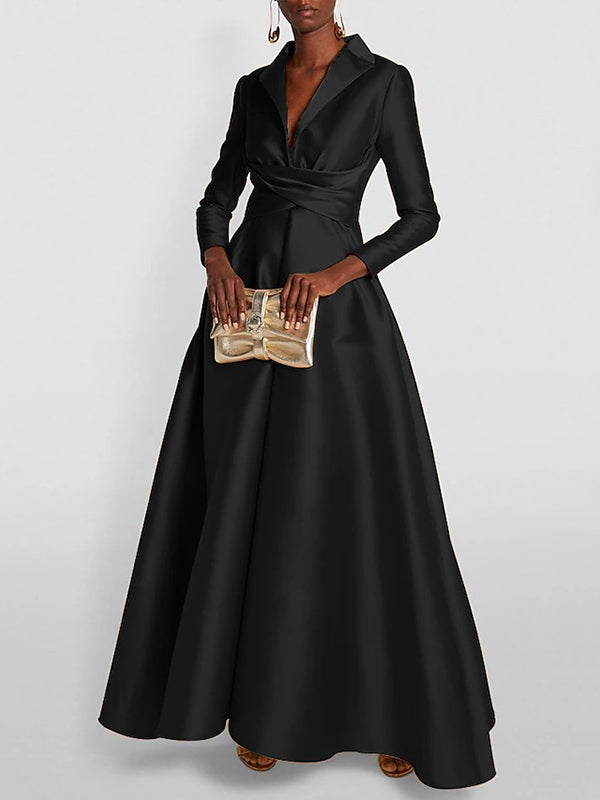 Olivia Bennet | A-Line High Waisted Pleated Solid Color V-Neck Maxi Dresses