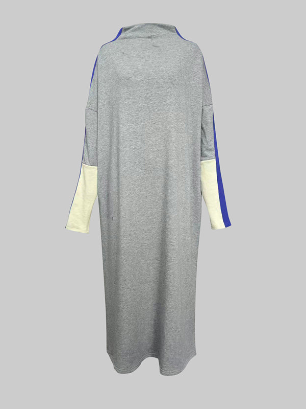 Olivia Bennet | Long Sleeves Loose Contrast Color Stand Collar Maxi Dresses