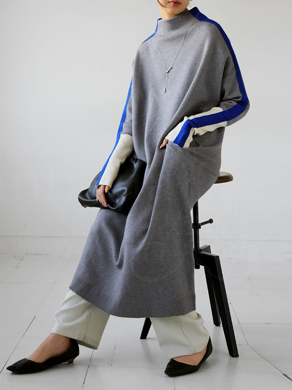 Olivia Bennet | Long Sleeves Loose Contrast Color Stand Collar Maxi Dresses