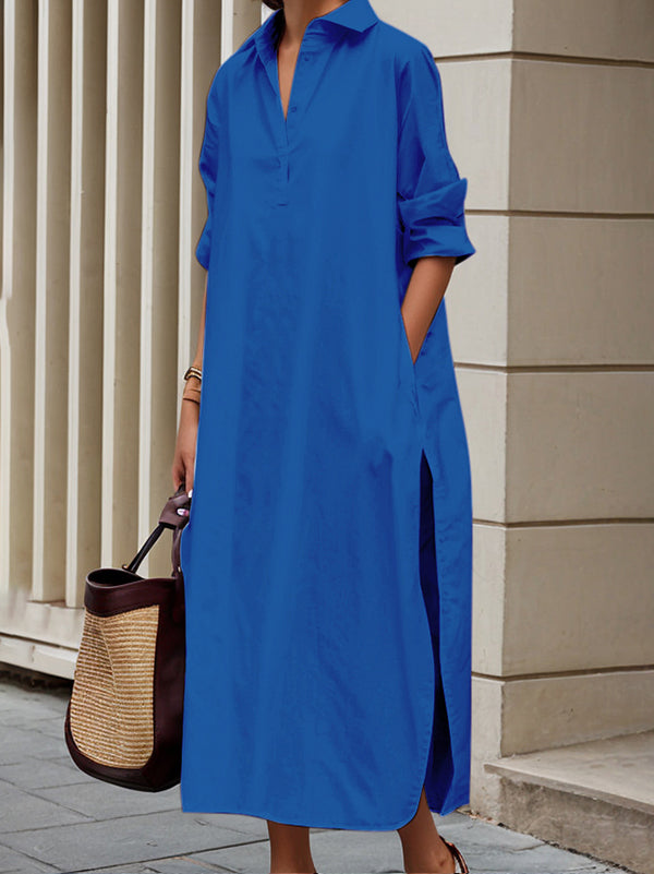 Olivia Bennet | A-Line Long Sleeves Buttoned Pockets Solid Color Split-Side Lapel Midi Shirt Dresses