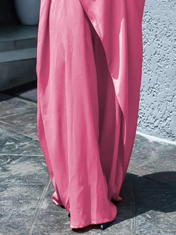 Olivia Bennet | Loose Short Sleeves Asymmetric Pleated Solid Color Split-Joint V-Neck Maxi Dresses Shirt Dress