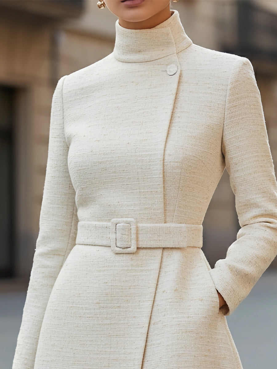 Olivia Bennet | Elegant Belted High-Neck Wool Blend Dress