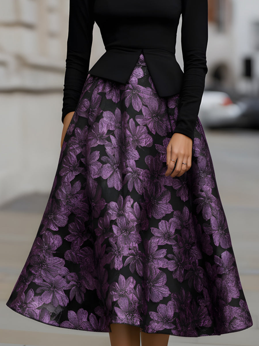 Olivia Bennet | Ivory Peplum Bodice Midi Jacquard Dress