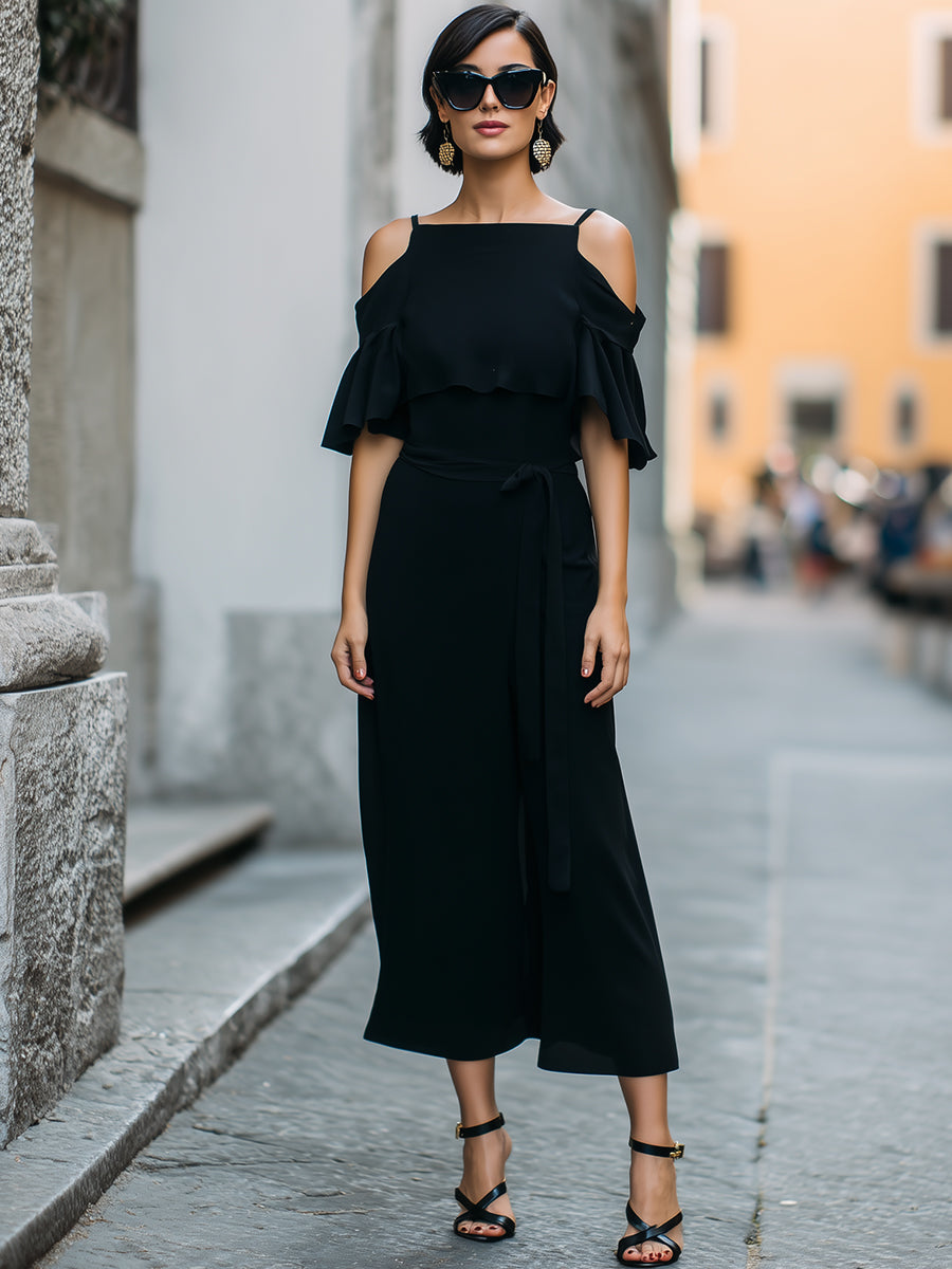 Olivia Bennet | Black Cold-Shoulder Ruffled Chiffon Midi Dress