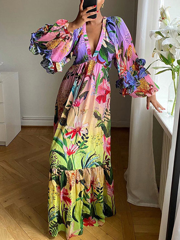 Olivia Bennet | Bishop Sleeve High Waisted Flower Print Pleated Ruffled Split-Joint Deep V-Neck Maxi Dresses