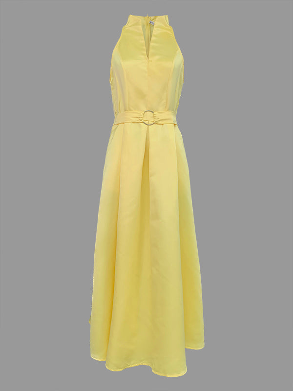 Olivia Bennet | A-Line Loose Belted Pleated Pockets Solid Color V-Neck Midi Dresses