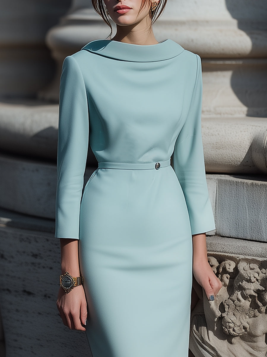 Olivia Bennet | Powder Blue Draped Collar Pencil Midi Dress
