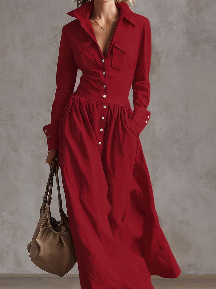 Olivia Bennet | High Waisted Long Sleeves Buttoned Pleated Pockets Solid Color Split-Joint Lapel Maxi Dresses