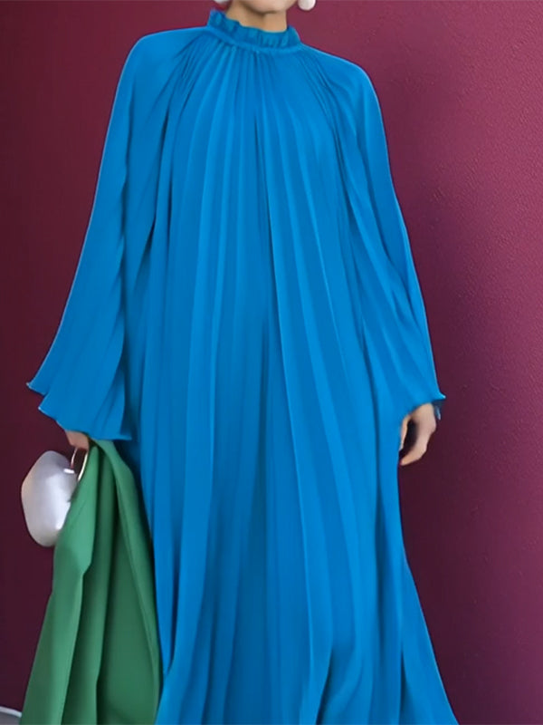 Olivia Bennet | Flared Sleeves Loose Pleated Ruffled Solid Color Split-Joint High Neck Maxi Dresses