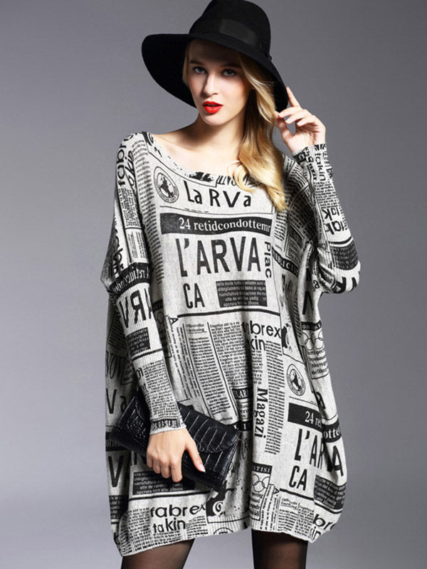 Olivia Bennet | Vintage Loose One-Shoulder Newspaper Printed Split-Joint Sweater
