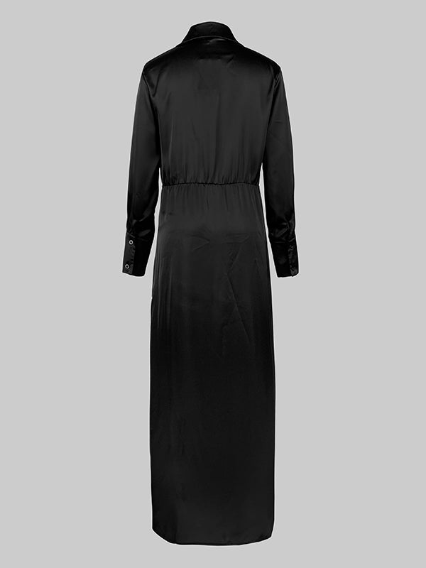 Olivia Bennet | Long Sleeves Loose Solid Color Lapel Collar Maxi Shirt Dresses
