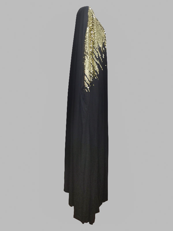 Olivia Bennet | Long Sleeves Loose Rhinestone Round-Neck Maxi Dresses