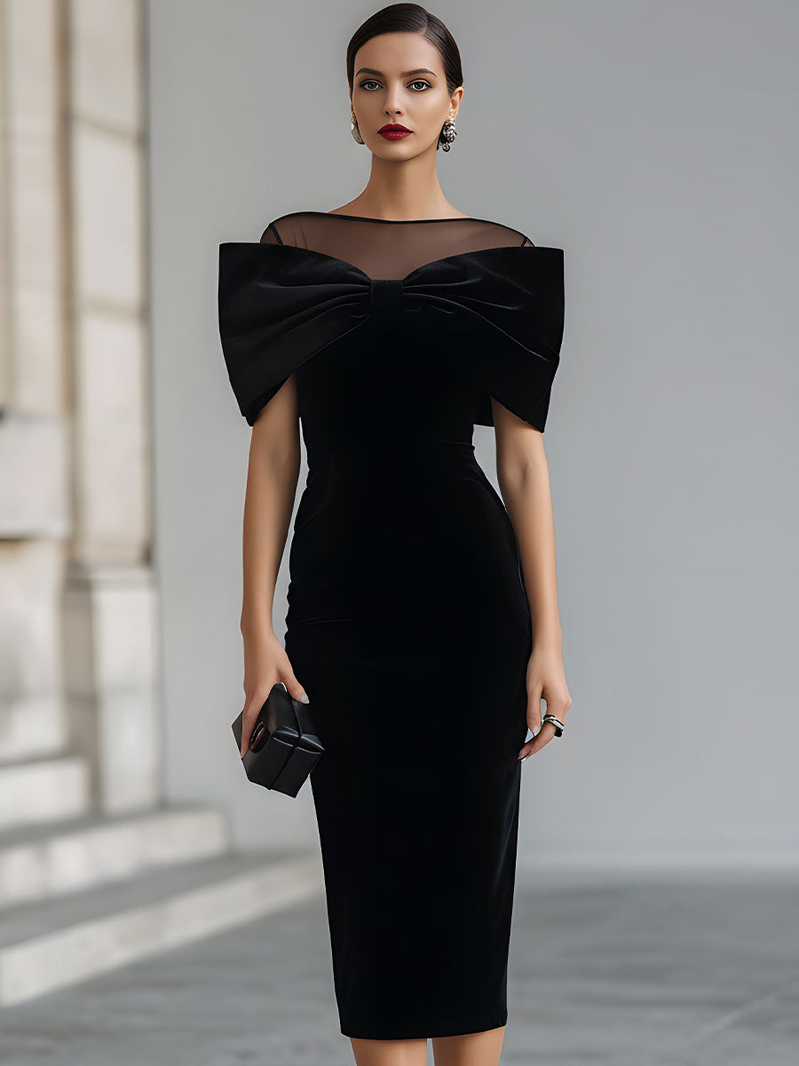 Olivia Bennet | Black Bow Midi Velvet Dress