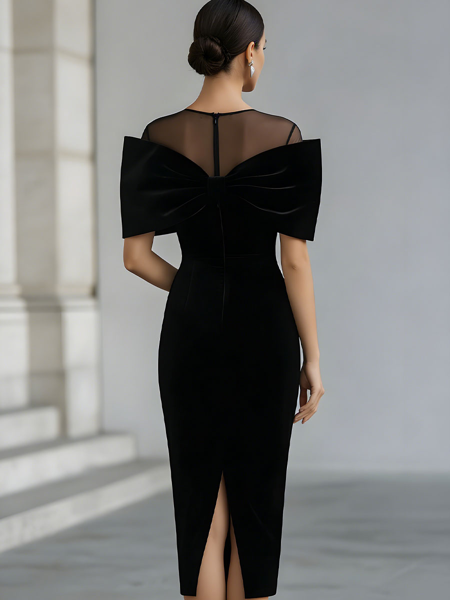 Olivia Bennet | Black Bow Midi Velvet Dress