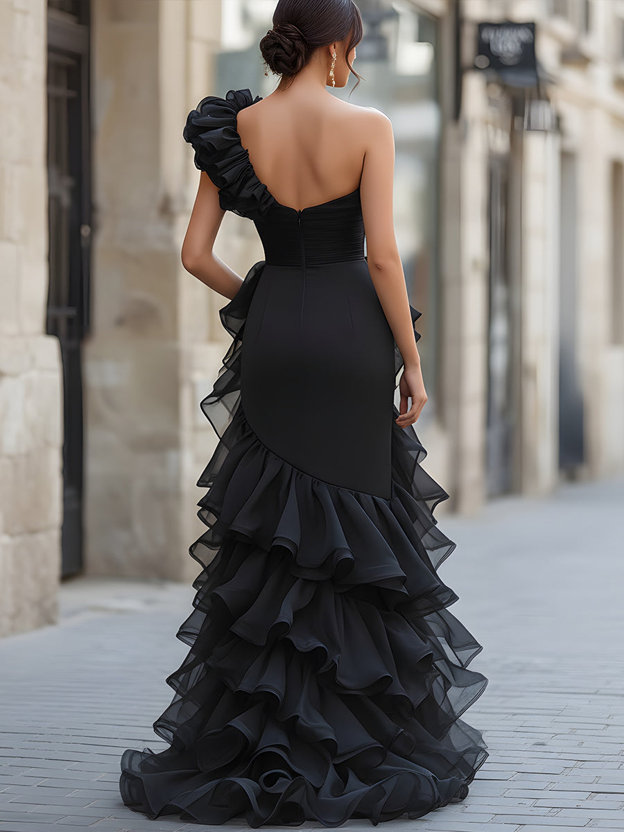 Olivia Bennet | Black One-Shoulder Ruffled Evening Gown With Front Slit