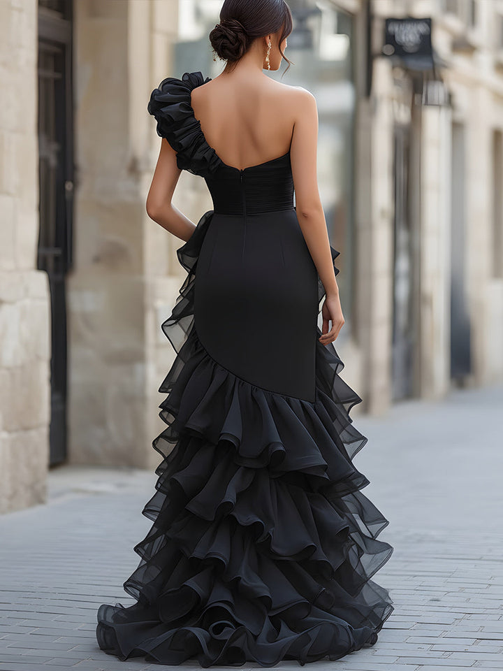 Olivia Bennet | Black One-Shoulder Ruffled Evening Gown With Front Slit