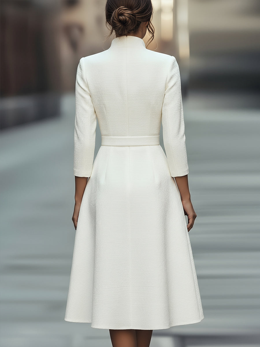 Olivia Bennet | White Belted V-Neck Textured Midi Dress