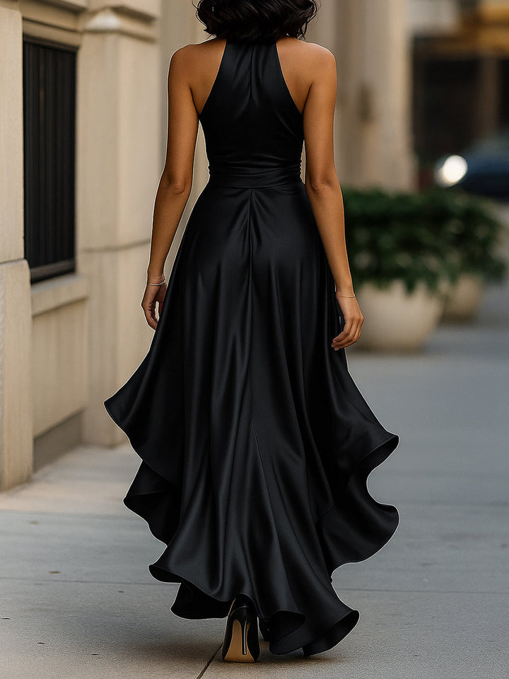Olivia Bennet | Midnight Elegance Satin Halter Ruffle Gown