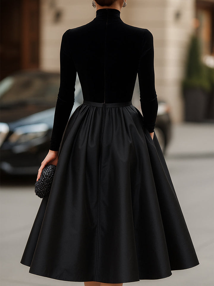 Olivia Bennet | Elegant Black Velvet And Satin Midi Dress