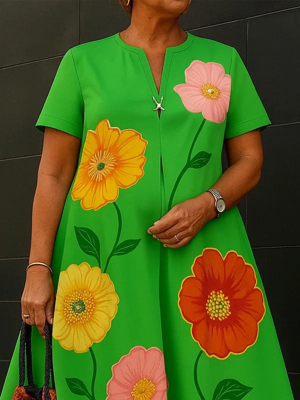 Olivia Bennet | A-Line Loose Flower Print V-Neck Midi Dresses