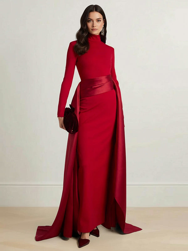 Olivia Bennet | Bodycon Elasticated Waist Asymmetric Solid Color Split-Joint High Neck Maxi Dresses