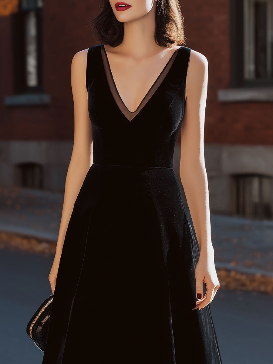 Olivia Bennet | Black V-Neck Fit-and-Flare Velvet & Mesh Midi Dress