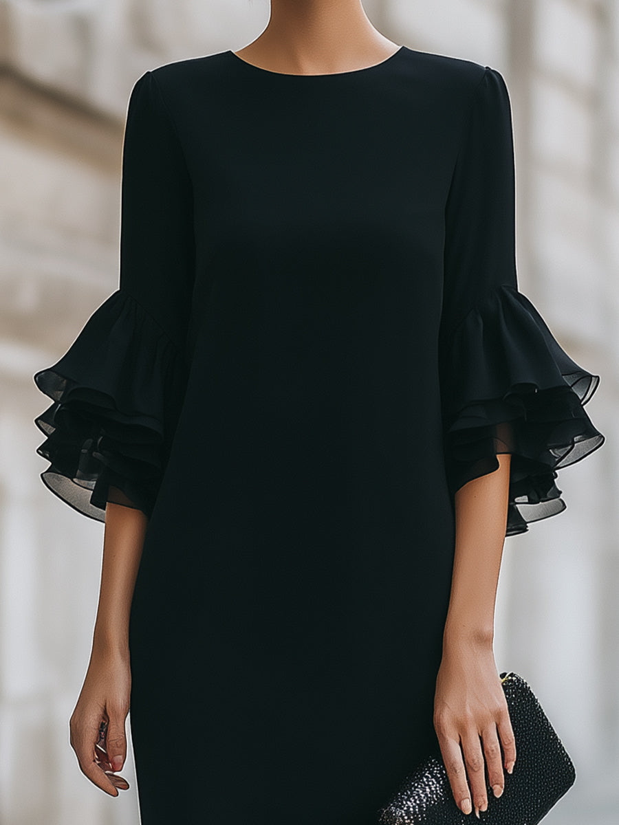 Olivia Bennet | Black Dress With Ruffled Sheer Sleeves