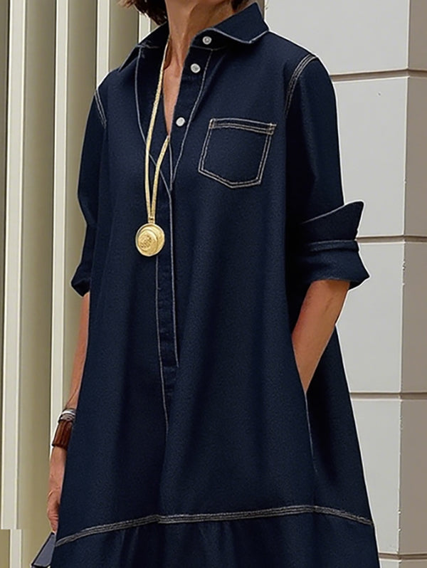 Olivia Bennet | Long Sleeves Loose Buttoned Pockets Solid Color Lapel Midi Dresses